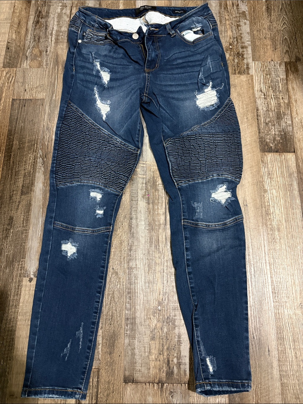 Judy Blue Dark Blue Distressed Moto Skinny Jeans